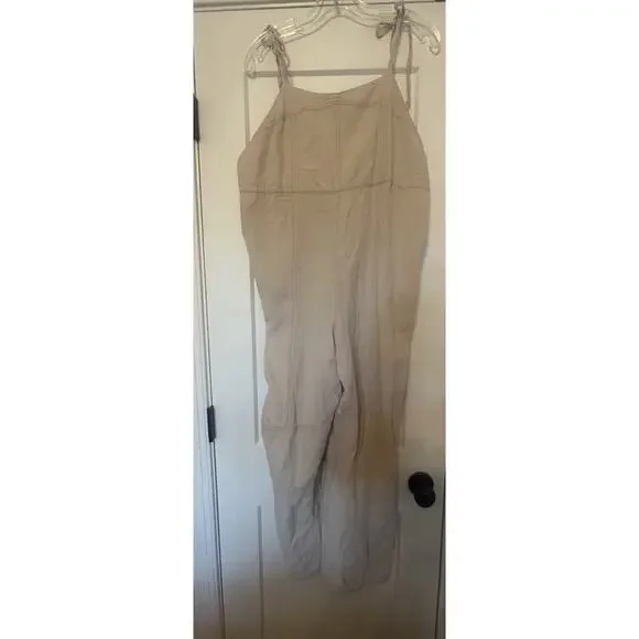 Urban Outfitters Harley Jumpsuit Womens Sz XL Khaki Linen Blend Tie Overalls - Picture 2 of 9
